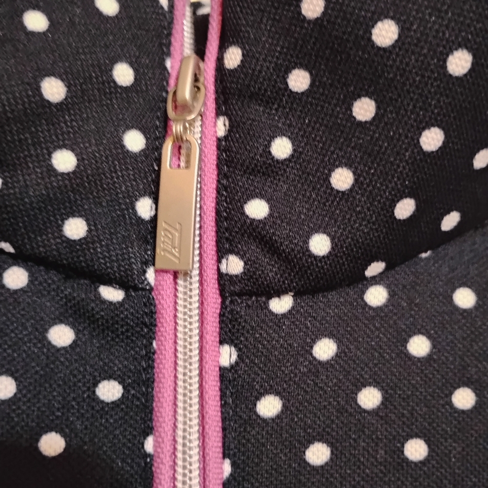 TAIL Black and White Polka Dots Polyester Short Sleeve Pink ZipUp Top L - Picture 5 of 9